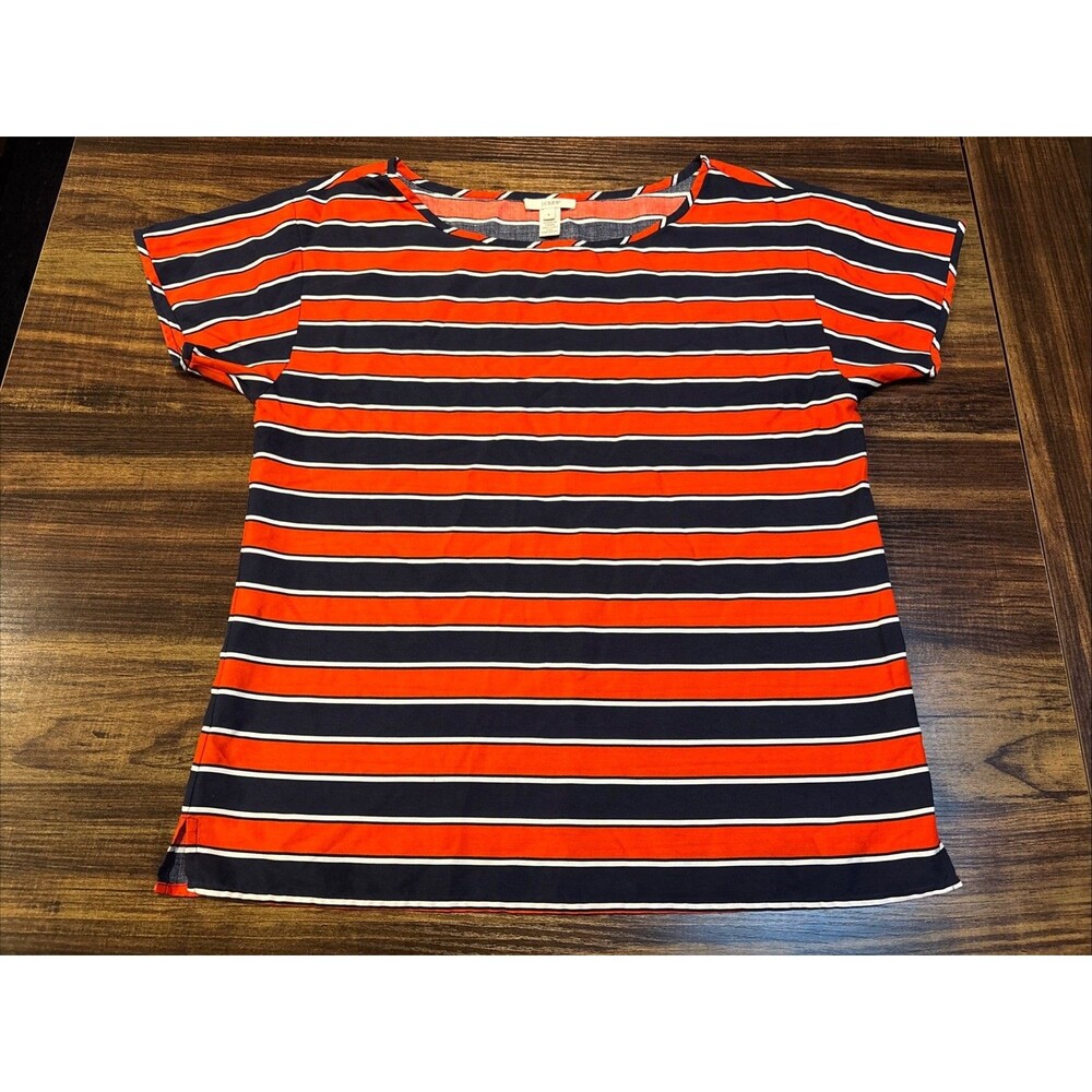 J CREW Size 4 Silk Tie Stripe Top Tshirt Orange Navy White 100% Silk EUC